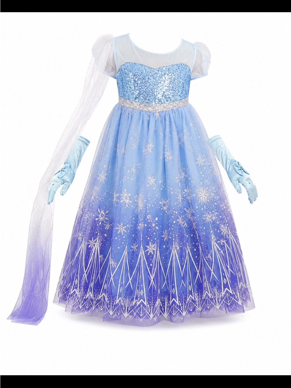 Girls Elsa-Like Blue Sparkle Snow Princess Costume Dress with Cape and Gloves